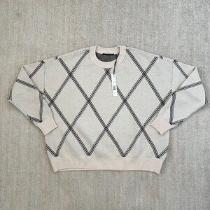 NWT T Tahari Crewneck Diamond Striped Check Long Sleeve Sweater M